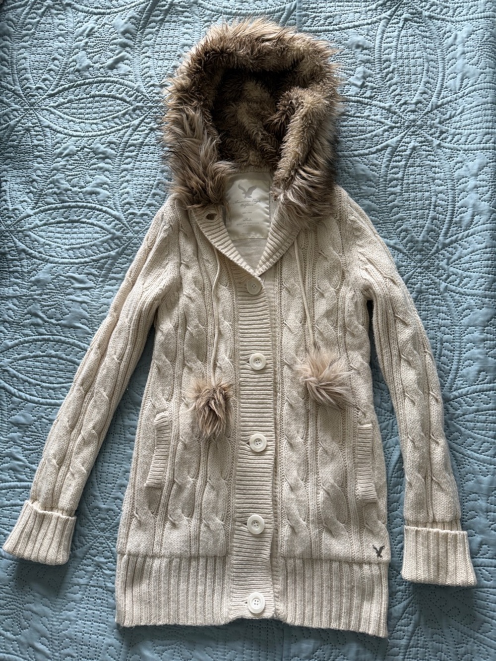 American Eagle Outfitters Long Cream Cable Knit Hooded Sweater with Faux Fur